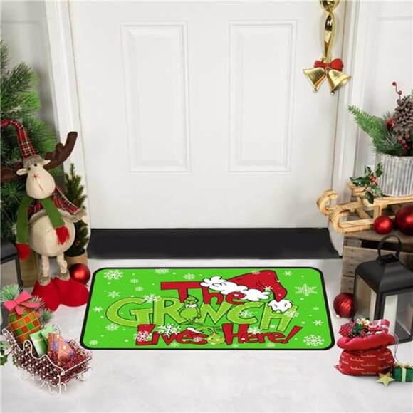 Set of 2 Grinch Christmas Kitchen Mats, Non-Slip Waterproof Rugs, 17x29 & 17x48 - Picture 2 of 7